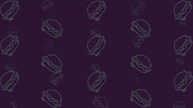 Food doodle pattern with burger outlines on textured background. Suitable for menu design, food packaging, and restaurant branding projects.