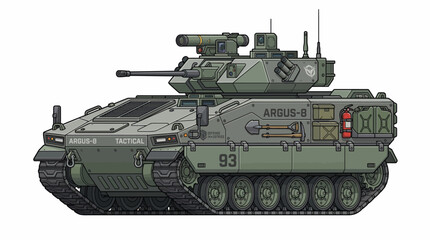 A detailed illustration of an American military M1 Abrams tank with armored technology, featuring a soldier-operated gun turret and tracks, standing ready for transport © Anggora
