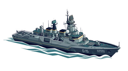 An armored military ship with advanced technology and weaponry sails through calm waters against a clean white background © Anggora