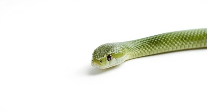 Close up image of a smooth scaled grass snake on clean white background