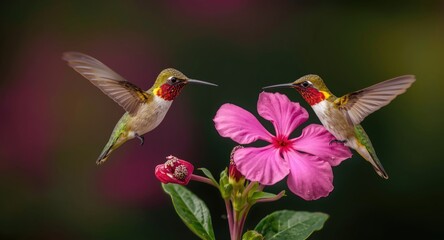 Fototapeta premium Brightly colored fiery throated hummingbirds fluttering next to fresh pink flower bloom