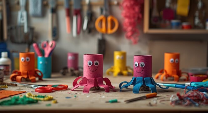 Creative kids workshop focused on stepwise conversion of toilet roll tubes into playful octopus decorations