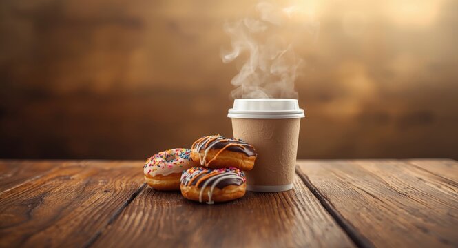 Copy space displaying sprinkled donuts paired with coffee to go