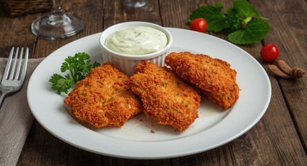 Crispy golden fried chicken breast strips plated with herb infused sauce in vertical view