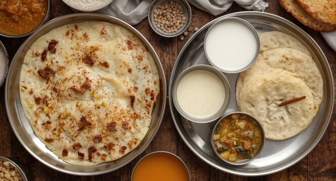 Classic South Indian breakfast assortment including kallappam and appam