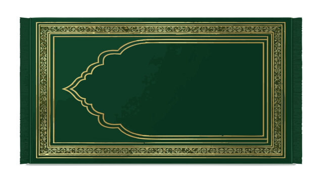 A green prayer mat with gold trim and ornate design in a serene environment, viewed from directly above, 136 VR.eps