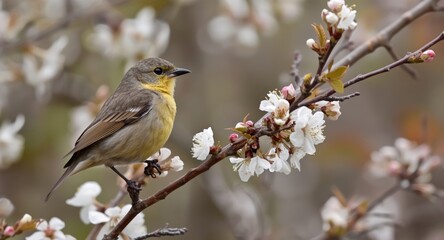 Obraz premium Chiffchaff perched serenely on a blossoming shrub