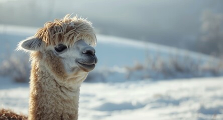 Obraz premium Heartbroken alpaca with rich wool coat in snowy environment
