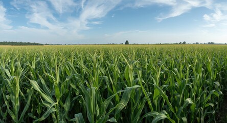Cornfield panorama with healthy corn in prime growth