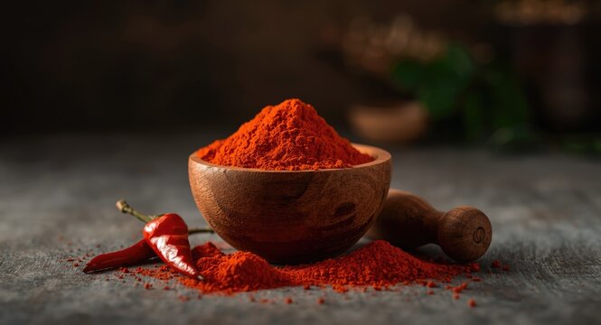 Detailed view of bright powdered lal mirchi in a rustic bowl with pestle under soft moody lighting