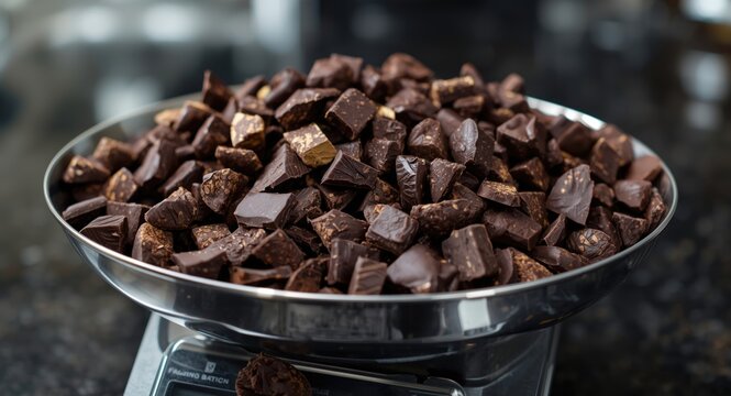 Display of assorted semisweet and dark chocolate chunks on kitchen scale