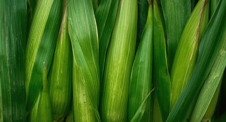 Fototapeta premium Close up view of vibrant green corn leaves with refreshing texture background and copy space