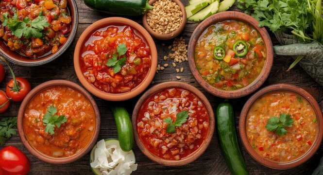 Assortment of vibrant Mexican salsas in handmade clay bowls on rustic wooden surface with fresh ingredients