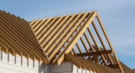 Roof framing under construction with wooden beams