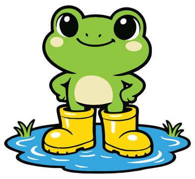 A cheerful frog proudly enjoying a tiny puddle as if it were a giant lake. The playful concept highlights optimism and simple joy in a cute cartoon style