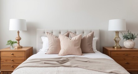 Bedroom decor inspiration with a contemporary bed, soft pastel cushions, and a classic lamp on oak furniture