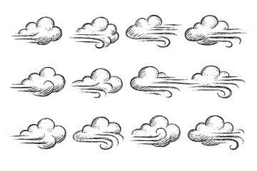 Black and white seamless pattern featuring hand-drawn wind and cloud illustrations, ideal for weather forecasts, website backgrounds, or climate-related designs.