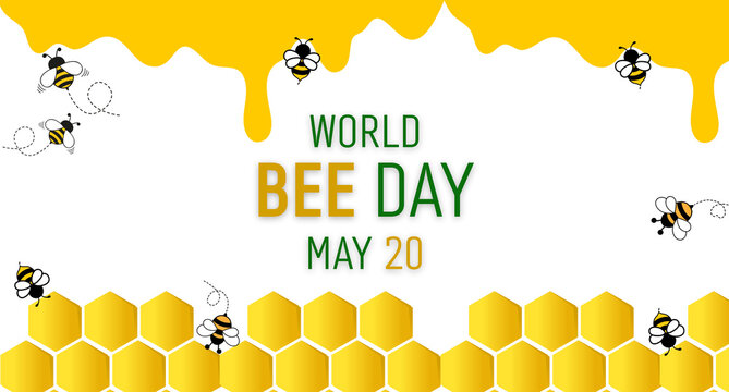 World Bee Day, May 20. A card with cute bee drawings, dripping honey, and a honeycomb on a white background.