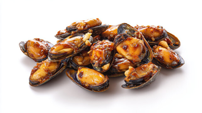 fried mussels on a plate with lemon slices and herbs
