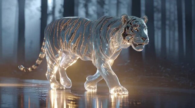Majestic Crystal Tiger Glowing in Dark Misty Forest