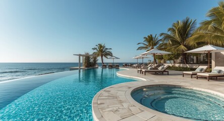 Elegant resort pool with comfortable sunbeds and sweeping ocean views suited for holiday advertisements