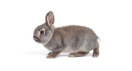 Obraz premium Cute gray baby rabbit in motion set on bright white plain background