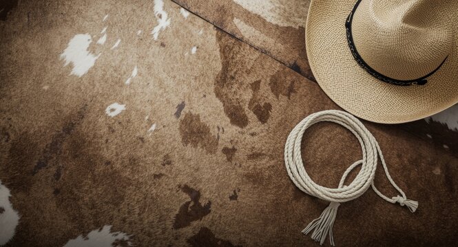 cowhide base complemented by pale lariat rope and straw cowboy hat copy space