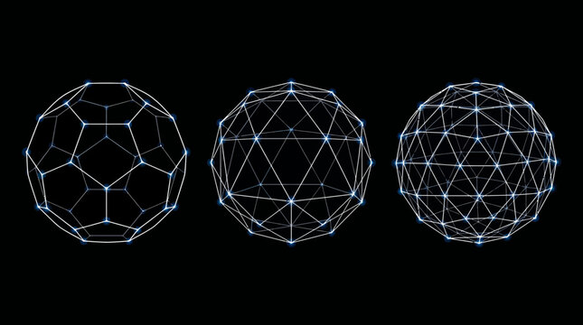 Three wireframe models of Fullerene C60 molecule structure progression on black background, concept for nanotechnology research, chemistry study and molecular visualization