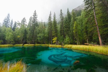 Beautiful landscape Altai, blue geyser lake surrounded by forest Aktash mountains, Altay Russia