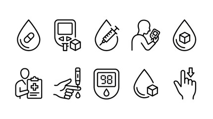 Set of thin line icons representing diabetes management with blood glucose testing and insulin injection, concept for medical infographics, healthcare applications and patient education materials