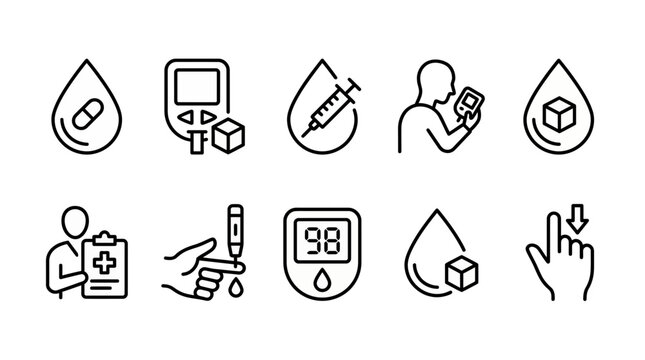 Set of thin line icons representing diabetes management with blood glucose testing and insulin injection, concept for medical infographics, healthcare applications and patient education materials
