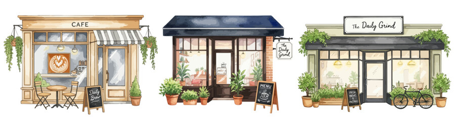 お洒落な街角のカフェ（喫茶店・ベーカリー）の外観素材,手描き風,観葉植物,黒板看板,白背景