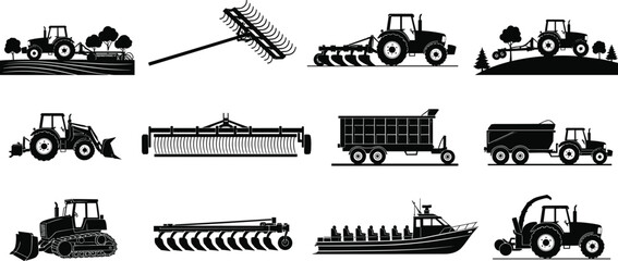 Agricultural machinery and farm equipment silhouettes including tractors plow rake trailer and harvester vector collection isolated on white background © Polash