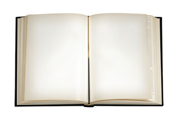 An open book with blank pages on a black background
