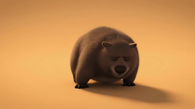 Cute animated wombat character standing on plain background with soft lighting for childrens animation and educational purposes