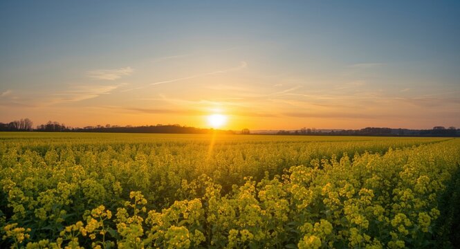 Admiring a sunny spring evening cloudless sky above vivid rapeseed fields plus copy space