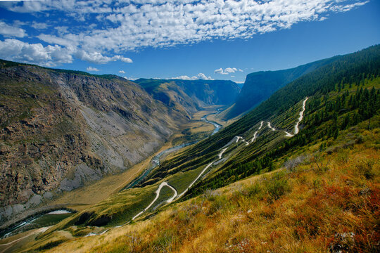 Scenic mountain landscape with winding valley roads and blue sky Katu Yaryk pass
