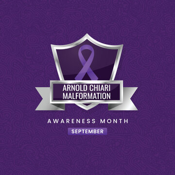 Arnold-Chiari Malformation Awareness Month in September with this emblem featuring a metallic shield, a prominent purple ribbon and a banner. It symbolizes strength, hope and support for affected indi