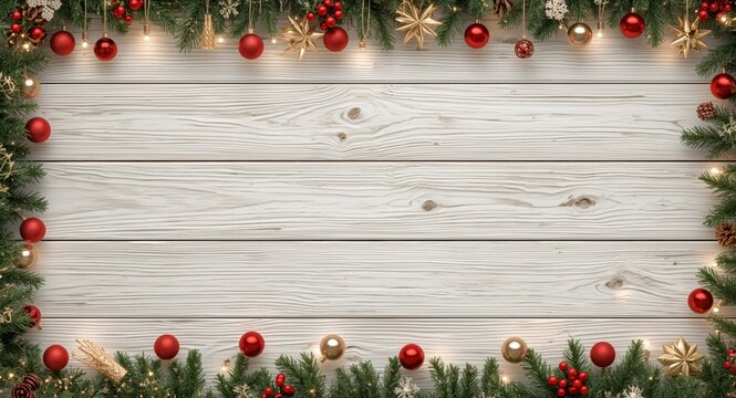 Bright Christmas decorations arranged on white wood texture with a festive New Year border