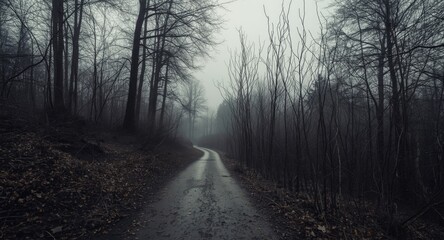 Fototapeta premium Gloom filled forest path surrounded by bare branches