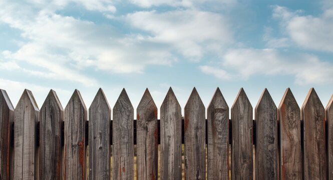 Antique stockade fence with pointed wooden logs and textured weathered surface beneath serene sky