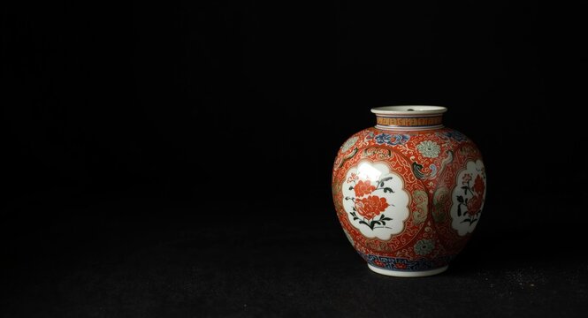 Dark background with gently blurred Japanese antique imari ceramic ware