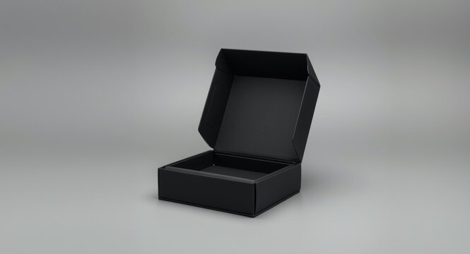 Black folding rectangular box for gifts shown open on minimal gray background with front angle perspective