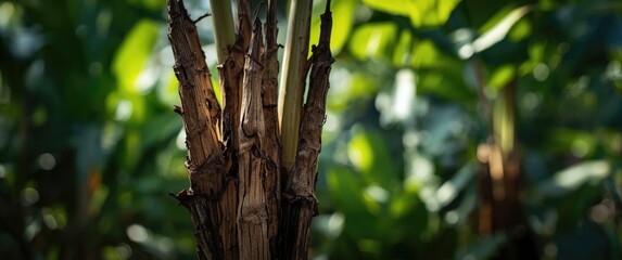 Obraz premium Defocused bark of a dry banana plant amid flourishing green nature