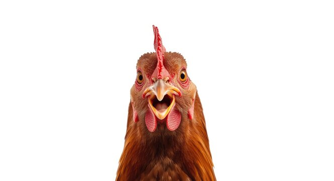 Close view of a brown chicken head with an open mouth showing a shocked emotion set against a white backdrop within comedic animal imagery