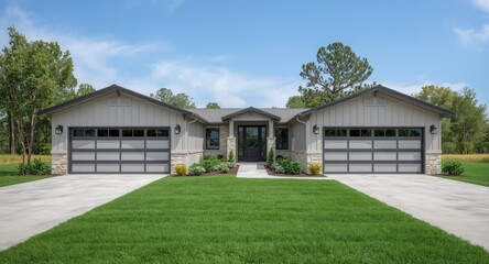 Obraz premium Contemporary large dwelling with dual garage and front doors framed by green grass and bright blue sky copy space