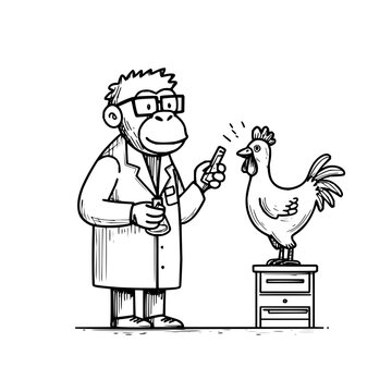 Cartoon monkey scientist examining chicken with smartphone on wooden cabinet in simple white background illustration