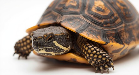 Obraz premium Detailed closeup of adult Eastern box turtle with head fully out on white surface