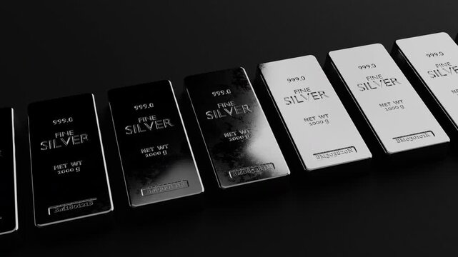 Close-up 999 silver bullion bars with glossy reflections. Ideal for finance, investment and commodity market visuals. Seamless loop animation, part of series.