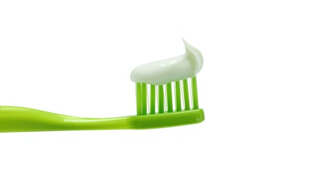 Close side perspective of green toothbrush featuring fresh mint herbal toothpaste on white background with clipping path promoting oral health